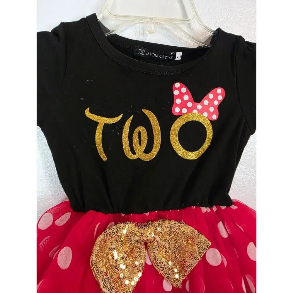 IBTOM CASTLE Toddler Girl 2nd Birthday Minnie Mouse Dress Size 2 Black Red Gold